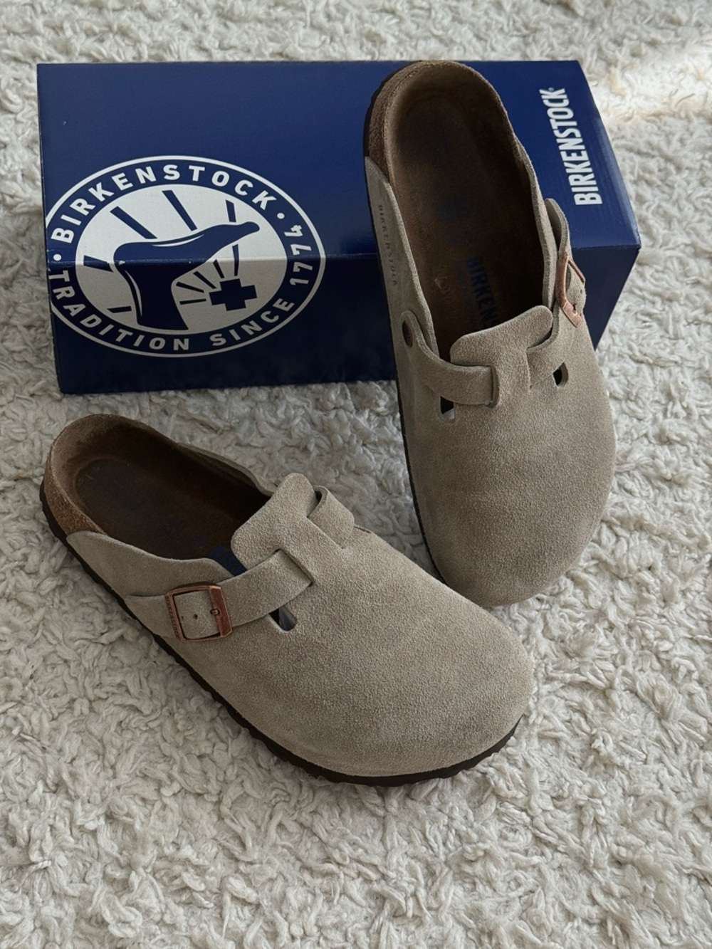 Birkenstock Suede Slip-On Clogs in Taupe